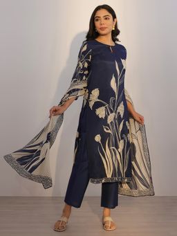 Libas - Navy Blue Floral Printed Straight Kurta with Pant and Dupatta (Set of 3)
