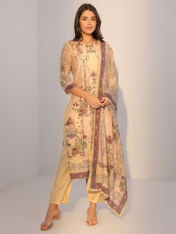 Libas - Light Yellow Tribal Printed Straight Kurta with Pant and Dupatta (Set of 3)
