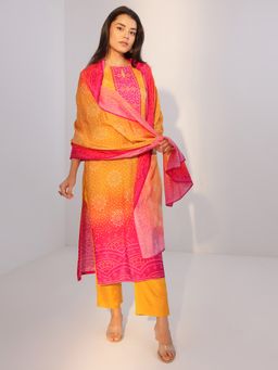 Libas - Yellow Bandhani Printed Straight Kurta with Pant and Dupatta (Set of 3)