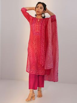 Libas - Red Bandhani Printed Straight Kurta with Pant and Dupatta (Set of 3)