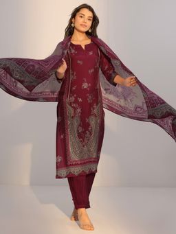 Libas - Maroon Floral Printed Straight Kurta with Salwar and Dupatta (Set of 3)
