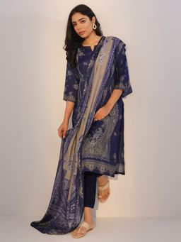 Libas - Navy Blue Floral Printed Straight Kurta with Salwar and Dupatta (Set of 3)