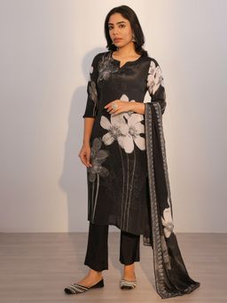 Libas - Black Floral Printed Straight Kurta with Pant and Dupatta (Set of 3)
