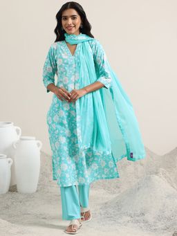 Libas - Blue Floral Printed Straight Kurta with Pant and Dupatta (Set of 3)
