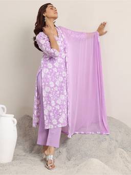Libas - Lavender Floral Printed Straight Kurta with Pant and Dupatta (Set of 3)