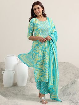 Libas - Blue Floral Printed Straight Kurta with Pant and Dupatta (Set of 3)