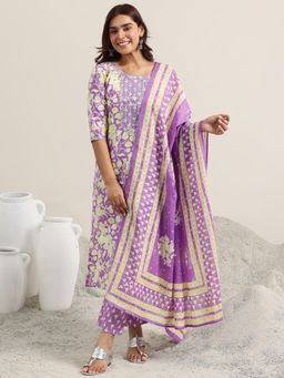 Libas - Lavender Floral Printed Straight Kurta with Pant and Dupatta (Set of 3)