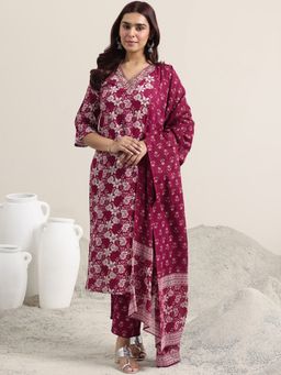 Libas - Burgundy Floral Printed Straight Kurta with Pant and Dupatta (Set of 3)
