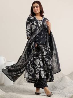 Libas - Black Printed Cotton Anarkali Sets for Women