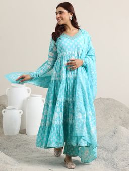 Libas - Blue Printed Cotton Anarkali Sets for Women