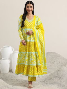 Libas - Yellow Printed Cotton Anarkali Sets for Women