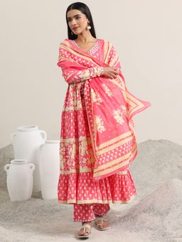 Libas - Peach Printed Cotton Anarkali Sets for Women