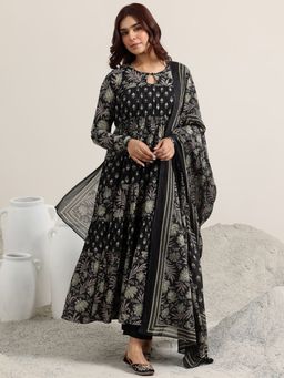 Libas - Black Printed Cotton Anarkali Sets for Women
