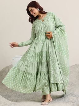 Libas - Green Printed Cotton Anarkali Sets for Women