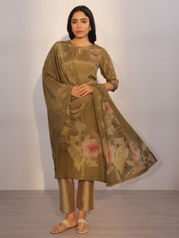 Libas - Olive Green Floral Printed Straight Kurta with Pant and Dupatta (Set of 3)