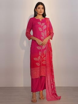 Libas - Pink Bandhani Printed Straight Kurta with Pant and Dupatta (Set of 3)