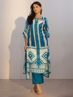 Libas - Teal Geometric Printed Straight Kurta with Pant and Dupatta (Set of 3)