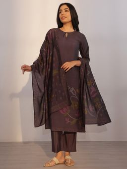 Libas - Brown Floral Printed Straight Kurta with Pant and Dupatta (Set of 3)