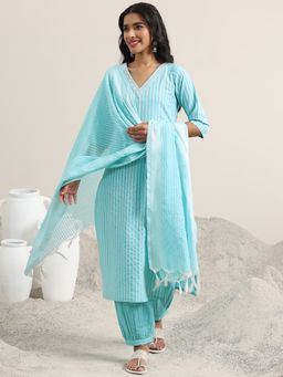 Libas - Blue Striped Woven Design Kurta with Salwar and Dupatta (Set of 3)
