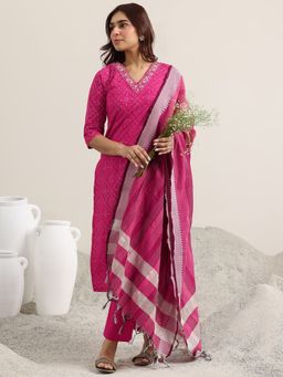 Libas - Pink Ethnic Printed Straight Kurta and Pant and Dupatta (Set of 3)