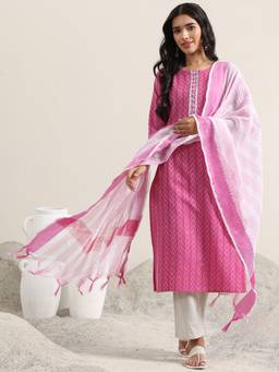 Libas - Pink Chevron Woven Straight Kurta with Pant and Dupatta (Set of 3)