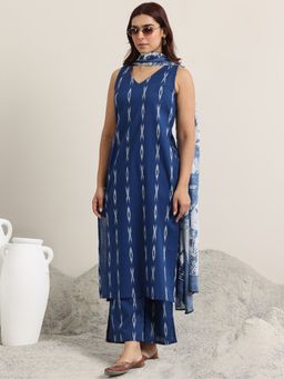 Libas - Navy Blue Printed Kurta with Wide Leg Palazzos and Dupatta (Set of 3)