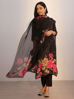 Libas - Black Floral Printed Straight Kurta with Pant and Dupatta (Set of 3)