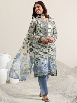 Libas - Off White Polka Dot Printed Straight Kurta with Pant and Dupatta (Set of 3)