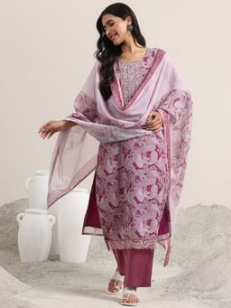Libas - Pink Paisley Printed Straight Kurta with Pant and Dupatta (Set of 3)