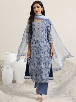 Libas - Blue Paisley Printed Straight Kurta with Pant and Dupatta (Set of 3)