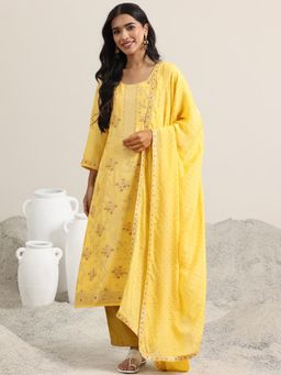 Libas - Yellow Floral Woven Kurta with Pant and Dupatta (Set of 3)