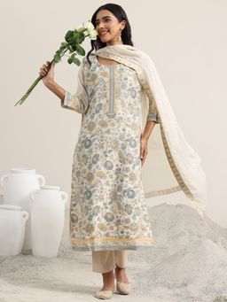 Libas - Beige Floral Woven Kurta with Pant and Dupatta (Set of 3)