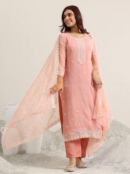 Libas - Peach Embroidered Straight Kurta with Pant and Dupatta (Set of 3)