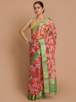Indethnic - Banarasi Pink Printed Party Wear Saree With Unstitched Blouse