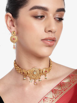 Estele - Gold Plated Captivating Matte Finish Choker Set with Earrings Crystals for Women