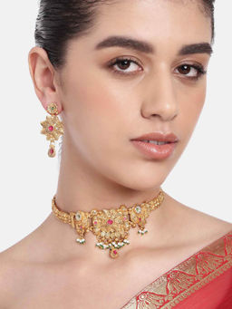 Estele - Gold Plated Captivating Matte Finish Choker Set with Earrings Crystals for Women