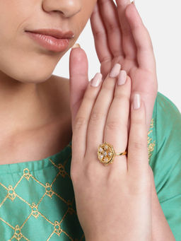 Estele - Gold Plated Flower Designer Matte Finish Adjustable Finger Ring for Women