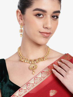 Estele - Gold Plated Floral Matte Finish Necklace Set with Earrings Crystals for Women