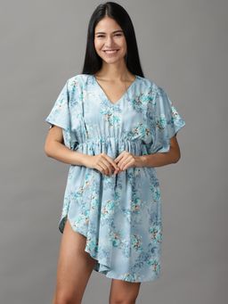 SHOWOFF - Womens V-Neck Above Knee Blue Printed Dress