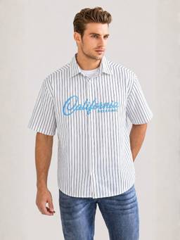 IZF - White Striped Graphic Print Cotton Relaxed Fit Casual Shirt
