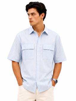 IZF - Blue and White Striped Cotton Relaxed Fit Casual Shirt with Flap Pockets