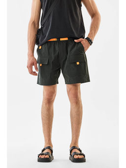 Snitch - Dark Green Solid Regular Casual Shorts with Belt