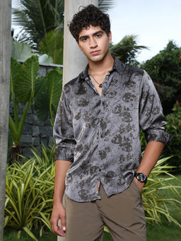 Campus Sutra - Men's Moon Grey Faded-Flora Jacquard Shirt