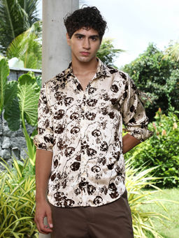 Campus Sutra - Men's Cream White Faded-Flora Jacquard Shirt