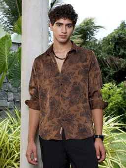 Campus Sutra - Men's Chocolate Brown Papillon-Garden Imprint Shirt