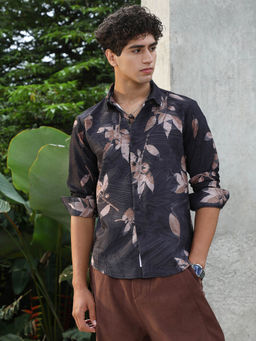 Campus Sutra - Men's Midnight Black Imprinted Foliage Textured Shirt
