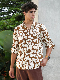 Campus Sutra - Men's Chocolate Brown Contrast-Botanics Imprint Shirt