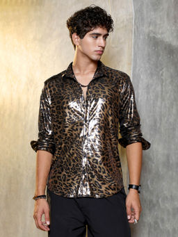 Campus Sutra - Men's Antique Gold Metallic-Cheetah Velvet Shirt