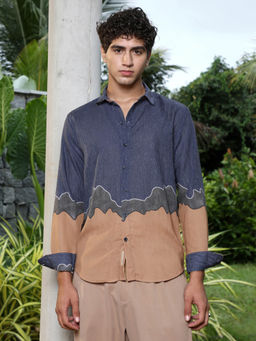 Campus Sutra - Men's Indigo Blue and Ash Brown Brushline Imprint Shirt