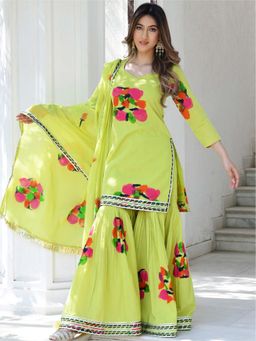 Lavanya The Label - Green Handpainted Kurta And Sharara Set (Set of 3)